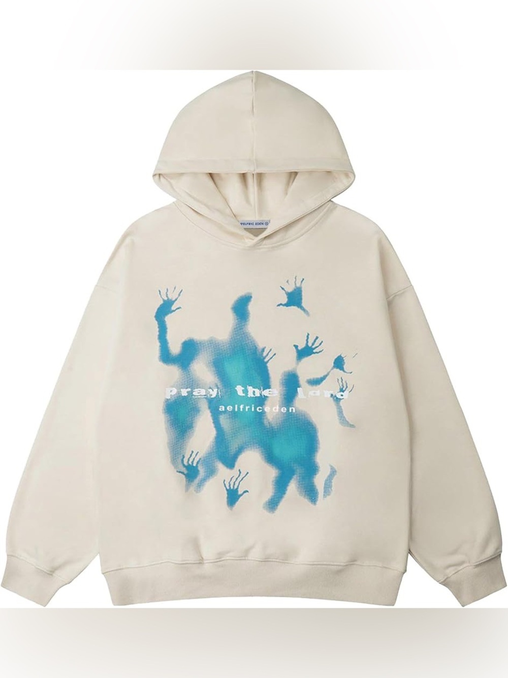 Aelfric Eden Unisex Cream Graphic Hoodie with Blue Graphic Print